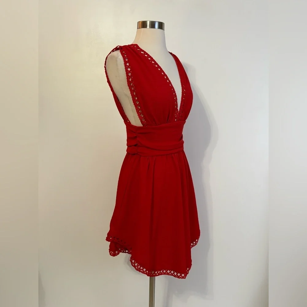 SHEIN Red Sleeveless Deep V Mini Dress with Crochet Trim